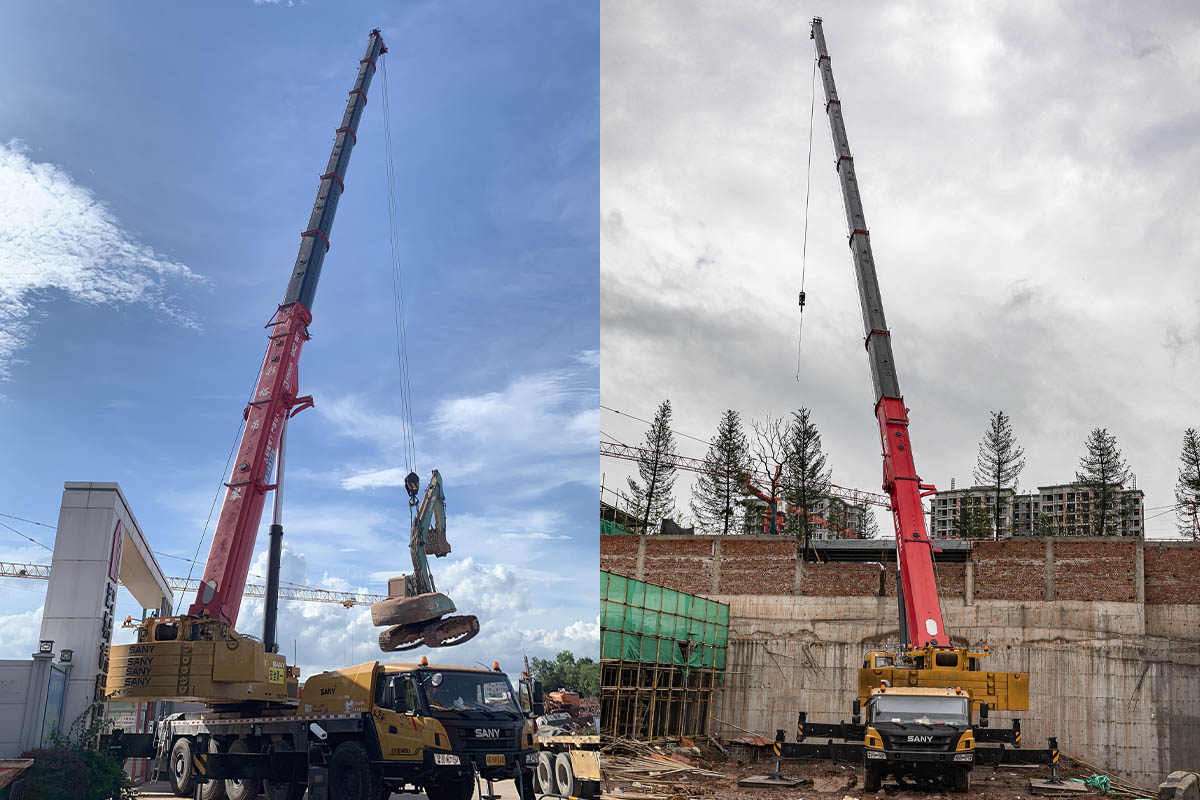Dùng cẩu SANY 130 tấn di chuyển và nâng đồ trên cao